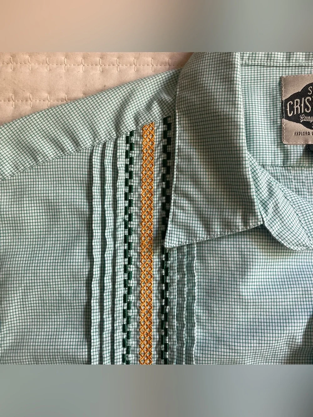 San Cristobal Guayabera Shirt Men’s Large White Green Yellow 100% Cotton